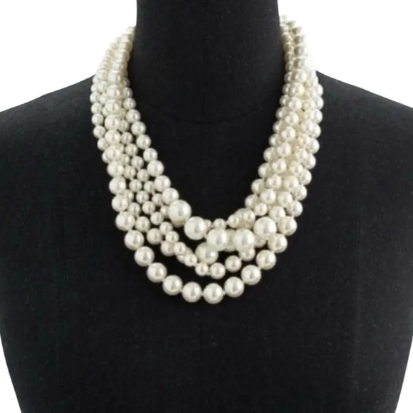 J. Crew Classic Cream Beaded faux pearl layered 5 multi strand Necklace marked - Picture 3 of 11